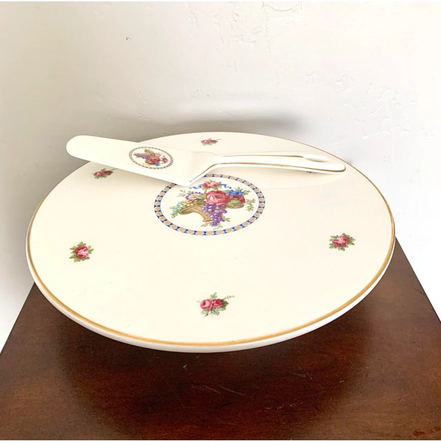 Serve your cakes in style with this German made porcelain cake server set with basket design of roses and grapes Stamped...
