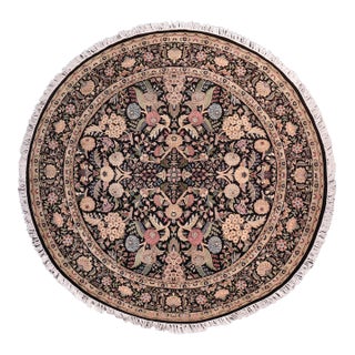 Botanical 1990's Pak-Persian Black/Gold Wool Round Rug- 8'2'' X 8'3'' For Sale