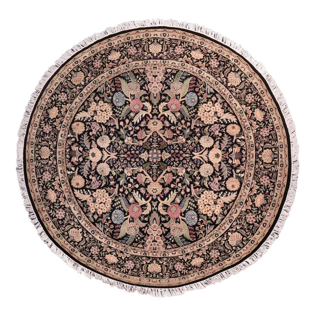 Botanical 1990's Pak-Persian Black/Gold Wool Round Rug- 8'2'' X 8'3'' For Sale