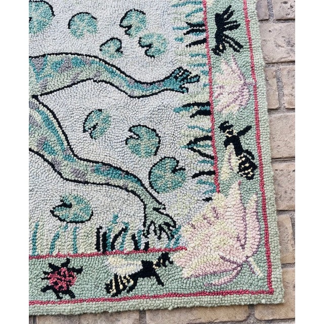 Late 20th Century Hooked Wool Folk Art Tapestry With Frog, Lilly Pads and Insects For Sale - Image 4 of 11
