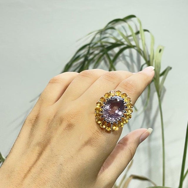 Handcrafted Multi-Gemstone Sunflower Ring in Solid Sterling Silver, Size 7.5 For Sale - Image 10 of 16