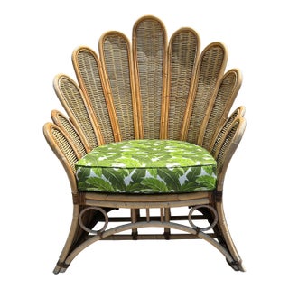 Large Vintage Bamboo and Wicker Fan Back Chair. For Sale