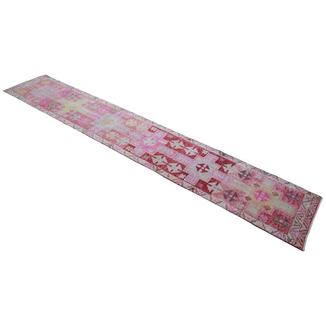 Vibrant Turkish Runner 2x12 Long Narrow Rug Vintage Pink Hallway Oriental Carpet For Sale - Image 6 of 15