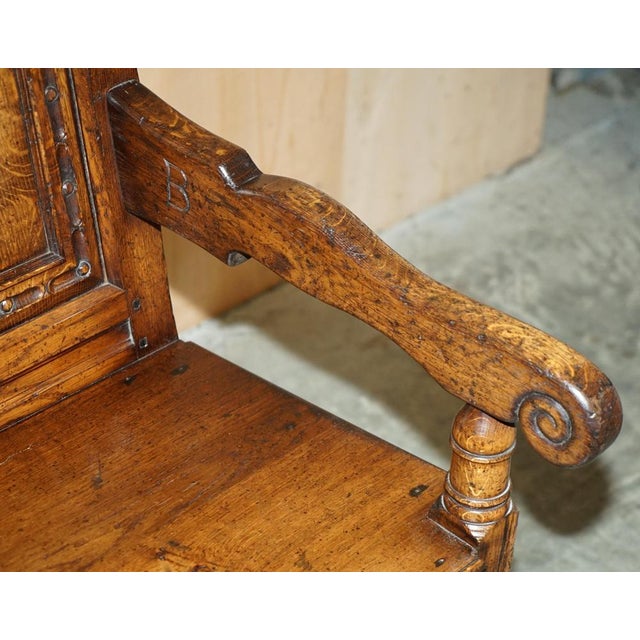 Antique Wainscot Armchair in England Oak with Side Drawer, 1850 For Sale - Image 12 of 18