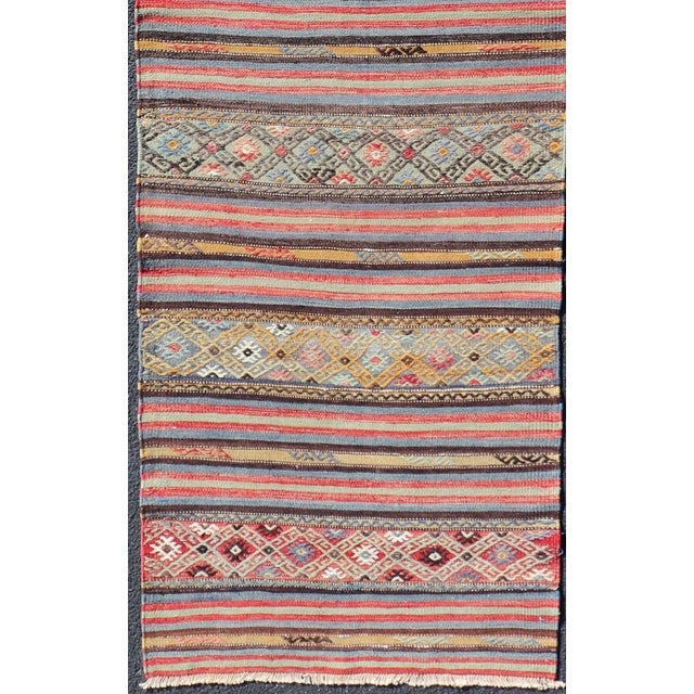 Mid 20th Century Vintage Turkish Kilim With Horizontal Stripes and Tribal Motifs in Bright Tones For Sale - Image 9 of 12
