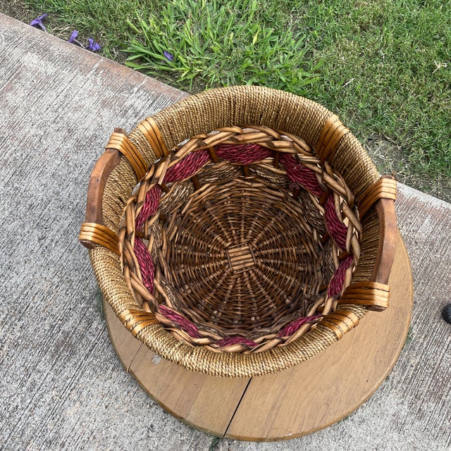 Boho Chic Hand Woven Basket With Handles For Sale - Image 3 of 5