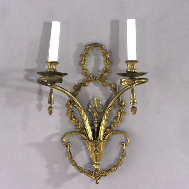 French Pair of French Louis XV Laurel Wreath Bronze Double Candle Electric Wall Sconces C1900 For Sale - Image 3 of 12