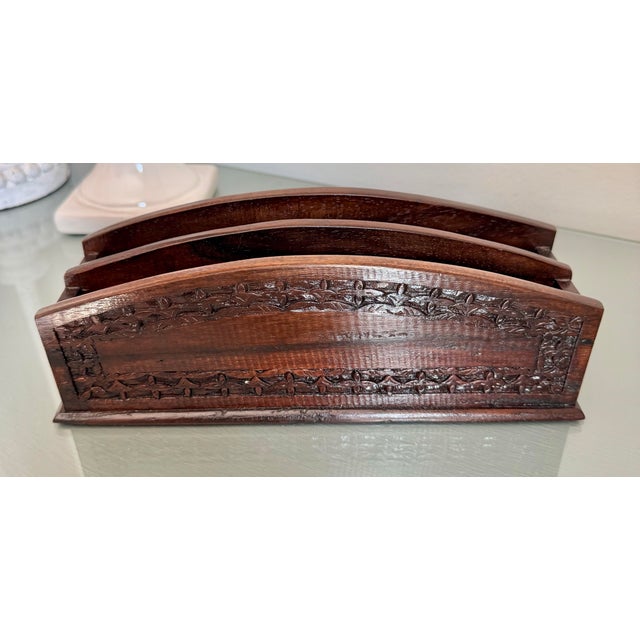 Brown Vintage Hand-Carved Wood Double Letter Holder For Sale - Image 8 of 9