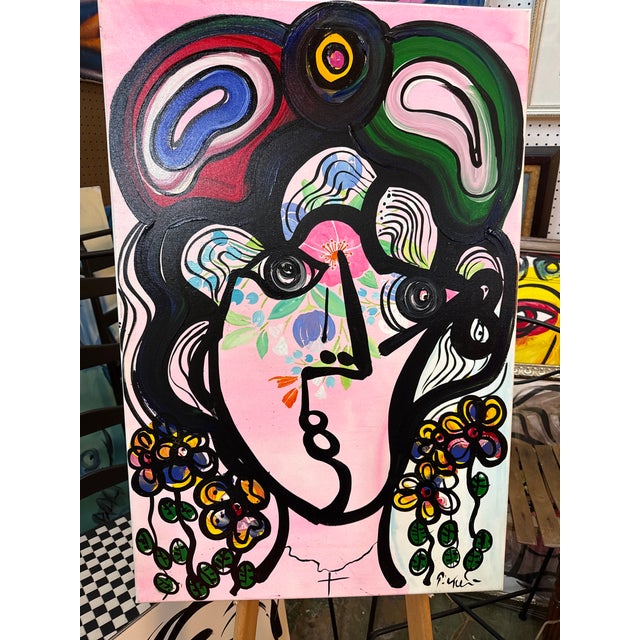Abstract 1970s Peter Keil Original Abstract Woman With Flowers Canvas Painting For Sale - Image 3 of 8