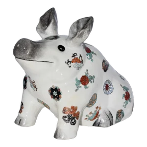 Mid 20th Century You Xian Ju Jianzhi Ceramic Enameled Lunar Year Lucky Coin Chubby Sitting Pig
