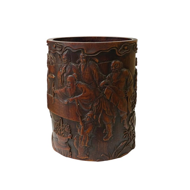 Chinese Bamboo Relief Scholars Motif Carving Brush Pen Holder Art For Sale In San Francisco - Image 6 of 7