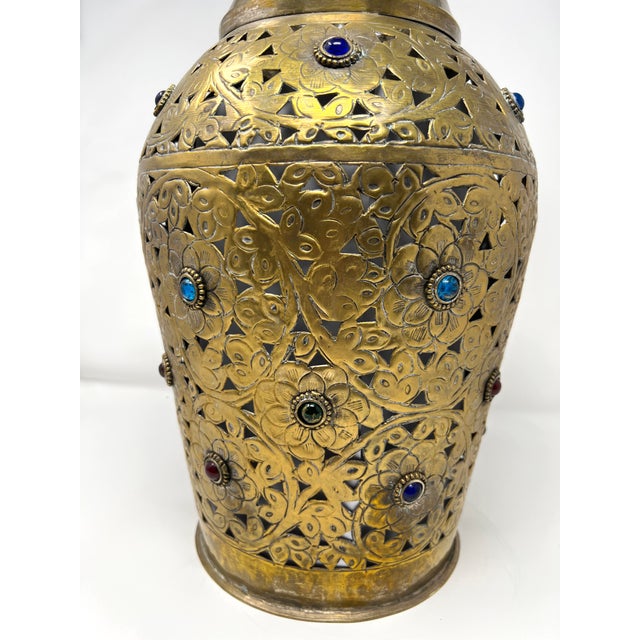Metal Vintage Indian Pierced Brass Lantern Vase W/ Colored Glass Cabochons – Moorish Boho Decor 16.5” For Sale - Image 7 of 7