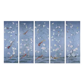 Blue Chinoiserie Birds and Flowers Mural Hand Painted Wallpaper For Sale