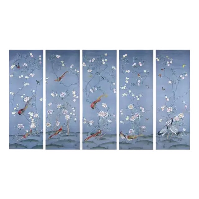 Blue Chinoiserie Birds and Flowers Mural Hand Painted Wallpaper For Sale