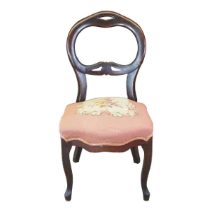 Antique Victorian Mahogany Balloon Back Floral Needlepoint Dining Side Chair