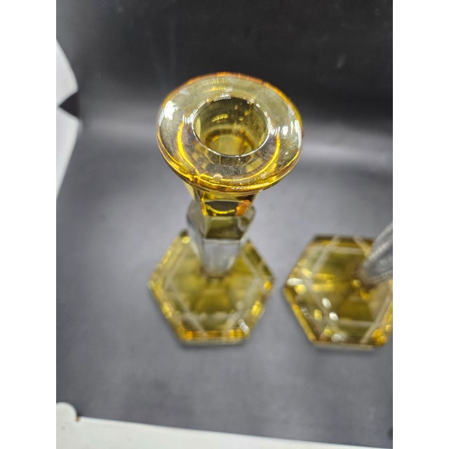 1940s Pair, Vintage Etched Yellow and Transparent Glass Candles Holders For Sale - Image 5 of 5
