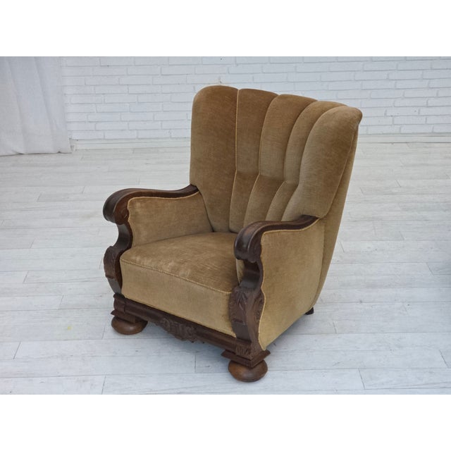 Danish Chair in Green Velour and Carved Oak, 1950s For Sale - Image 14 of 18