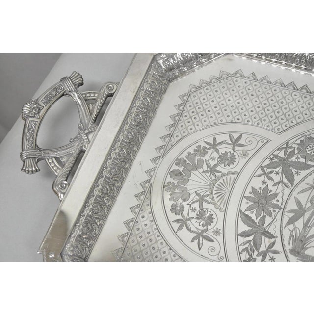 Metal Antique Rogers Smith & Co Art Nouveau Large Silver Plated Crane Bird Etched Tray For Sale - Image 7 of 18