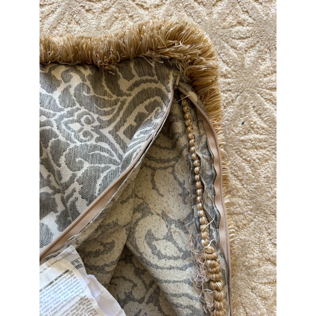 Textile Pair of Ethan Allen Luxury Gray & Ivory Damask Upholstery Weight Decorative Pillows With Fringe For Sale - Image 7 of 9