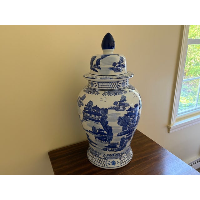 Monumental Blue and White Chinoiserie Porcelain Ginger Jar For Sale - Image 4 of 12
