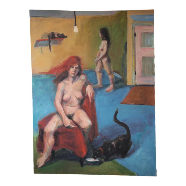 Mid 20th Century Figurative Female Nudes Interior Scene Oil Painting For Sale