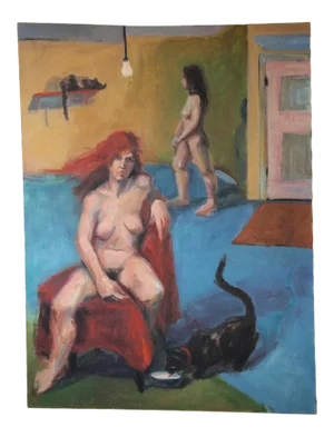 Mid 20th Century Figurative Female Nudes Interior Scene Oil Painting