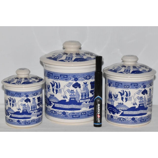 Chinoiserie Early 20th Century Transferware Blue Willow 3 Piece Canister Set Blue White Ceramic Canisters For Sale - Image 3 of 9