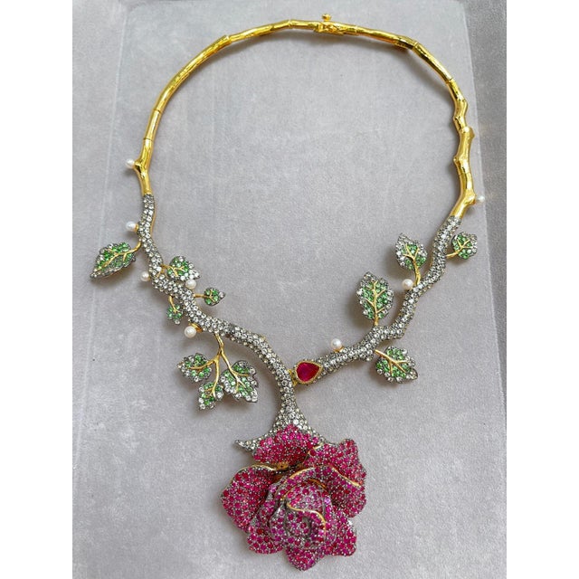 Bochic "Orient" Vintage Ruby & Multi Gem Flower Necklace Set In 18K Gold & Silver For Sale - Image 18 of 18