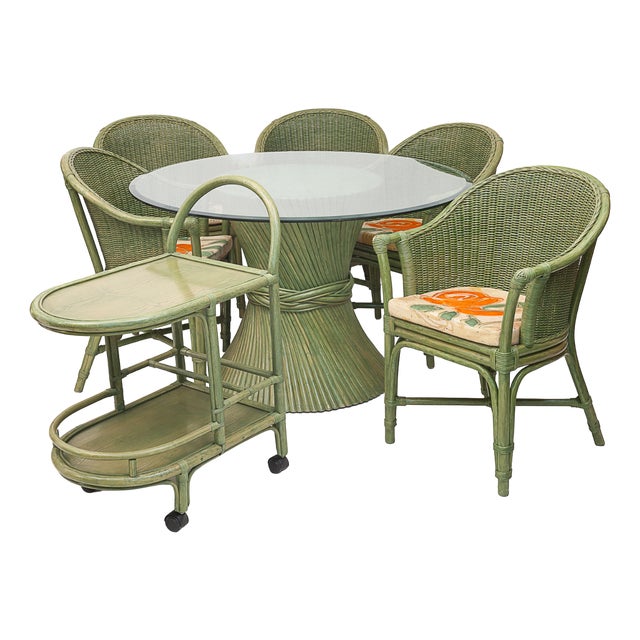 Rattan Lounge Table and Chairs attributed to Maugrion, 1980, Set of 7 For Sale