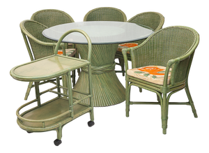 Rattan Lounge Table and Chairs attributed to Maugrion, 1980, Set of 7