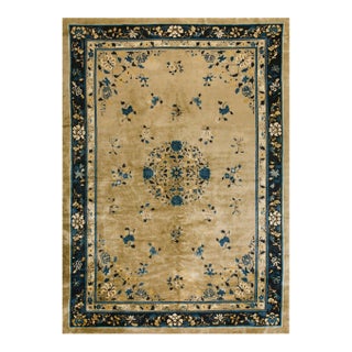 1920s Tan Camel Floral Medallion Antique Chinese Peking Rug 9' X 12' 5" Handknotted Wool Carpet For Sale
