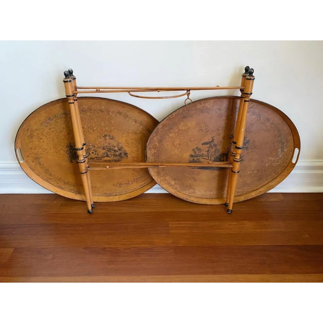 Metal Vintage Italian Hand Painted Tole Collapsible Double Tray Tea Cart Table For Sale - Image 7 of 9