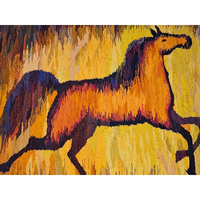 Mid 20th Century Vintage Mid-Century Handwoven Wool Tapestry, Galloping Horse Design, Yellow & Brown, 38” X 68” For Sale - Image 5 of 11