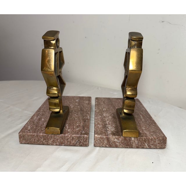 Vintage Heavy Pair Modernist Mid Century Modern Bronze Marble Figural Bookends For Sale - Image 10 of 12