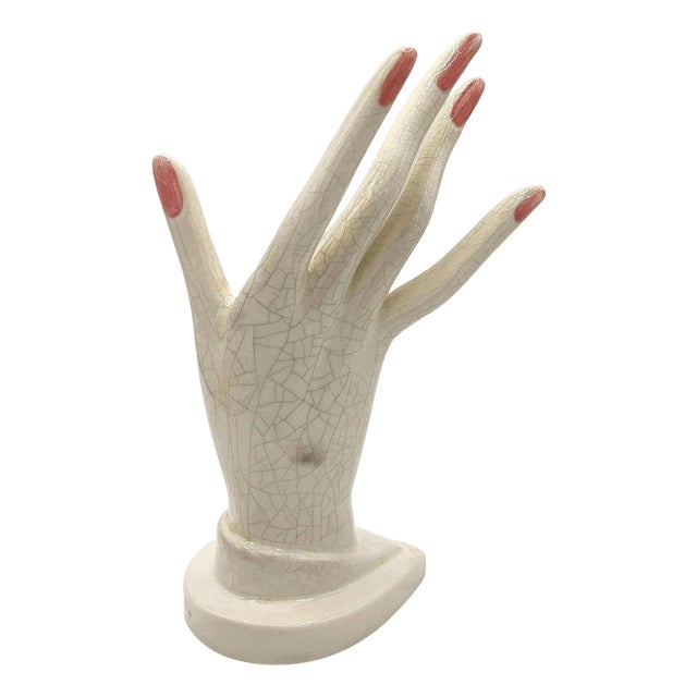 1950s California Pottery White Pink Figurative Female Hand Ring Holder For Sale
