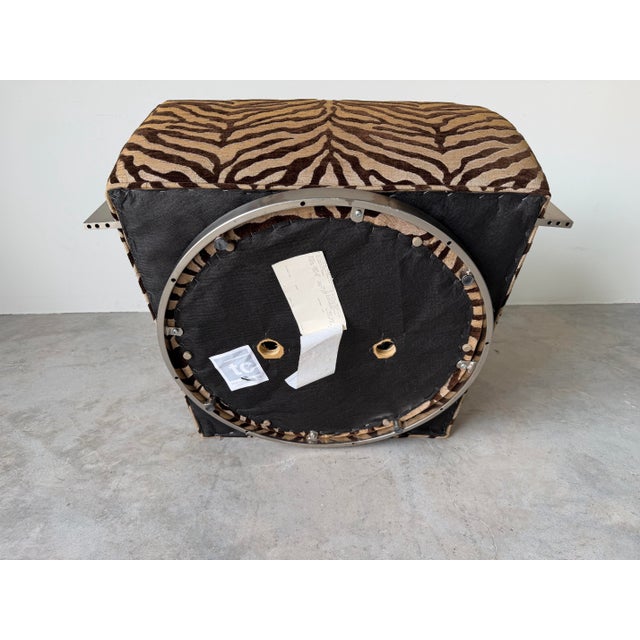 Thayer Goggin “Zac” Zebra Print Swivel Lounge Chair in Brushed Stainless Steel For Sale - Image 12 of 12
