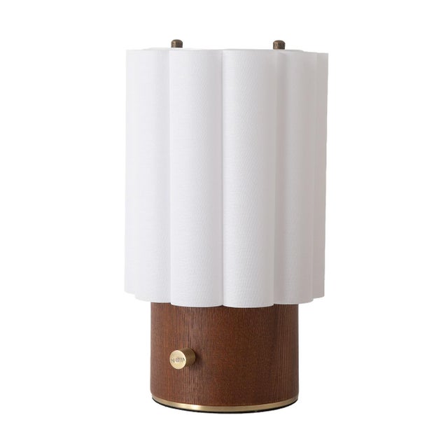 1970s Scalloped Accent Table Lamp - Walnut, Weathered Brass, White Linen, Diffuser, Dimmer For Sale - Image 5 of 8