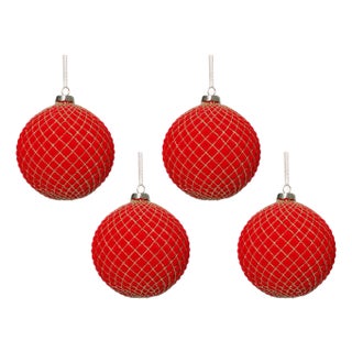 Flocked Red + Gold Ball Ornaments, Set of 4, 4.75" For Sale