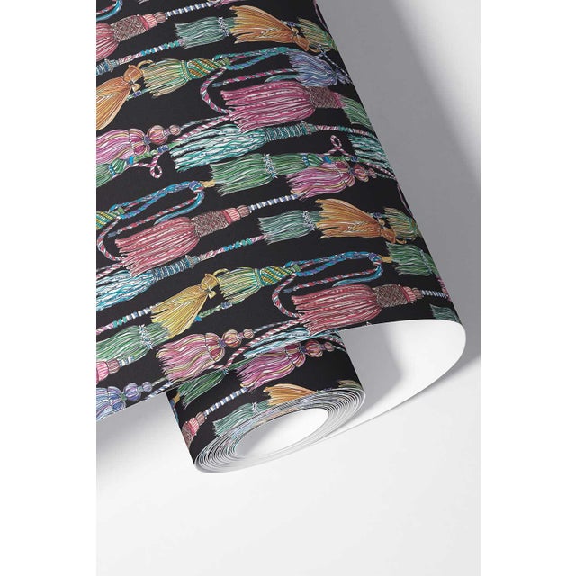Chinoiserie Tassel Trellis Grasscloth Wallpaper by House Party | Black Lacquer | 6 Yards For Sale - Image 3 of 7