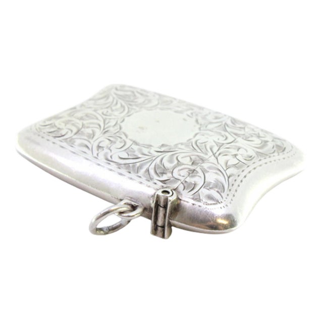 Silver Matchbox with Engraved Floral Motifs, Featuring a Monogram Card and Hanging Ring For Sale