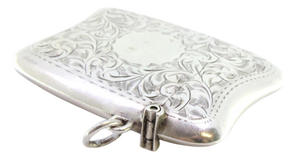 Silver Matchbox with Engraved Floral Motifs, Featuring a Monogram Card and Hanging Ring