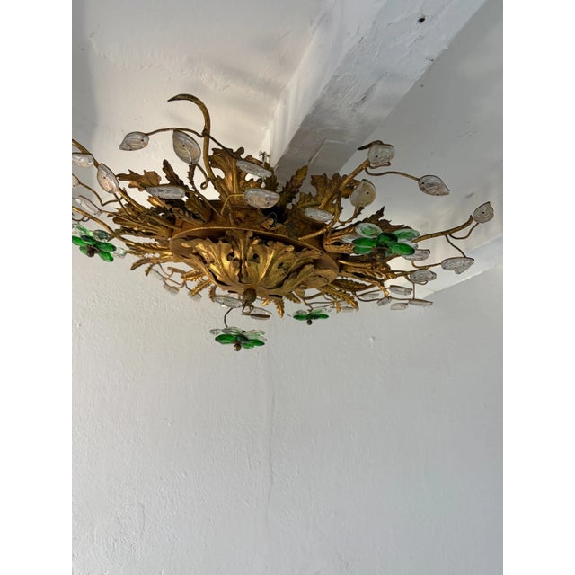 Flush Mount Maison Baguès Crystal Green Flowers Leaves Chandelier 9 Lights For Sale - Image 9 of 11