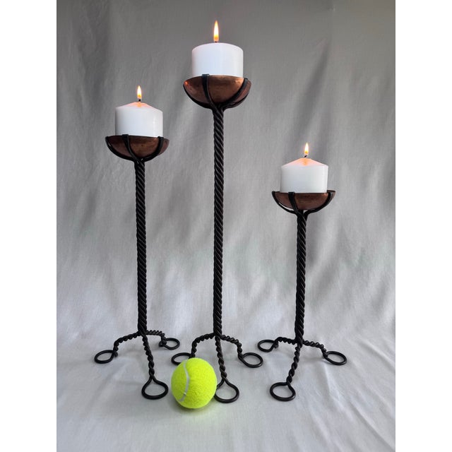Metal Vintage Brutalist Copper Cup Twisted Iron Metal Candlesticks, Set of Three For Sale - Image 7 of 11