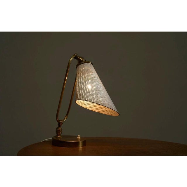 Vintage French Table Lamp in Patinated Brass and Perforated Metal by Mathieu Matégot, 1950s For Sale - Image 9 of 14