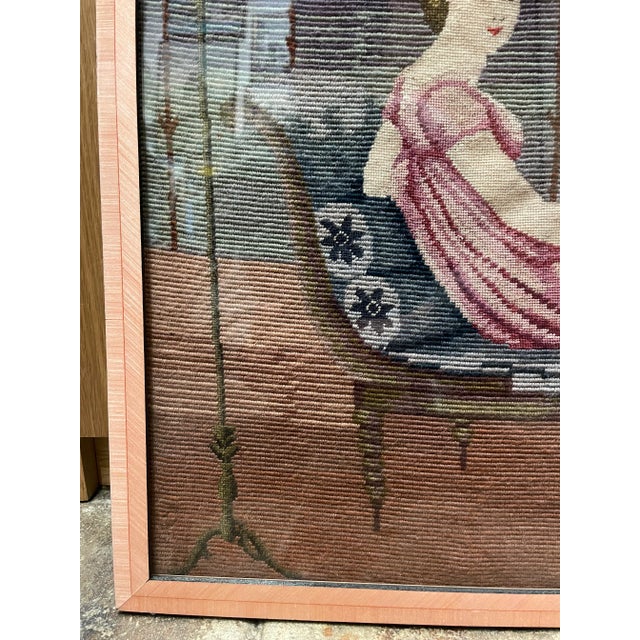 Antique Framed Needlepoint of Woman on Chaise Lounge, 1922 For Sale - Image 4 of 13