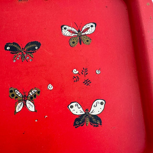 Red Mid 20th Century Painted Metal Serving Tray With Butterfly Motifs For Sale - Image 8 of 11