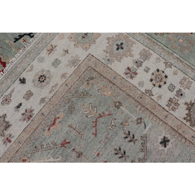 Hand-Knotted Wool Oushak Rug in Turquoise Green and Multi Colors 10' X 13'6 For Sale - Image 11 of 12