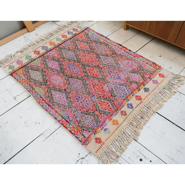 Vintage Hand Woven Kilim Rug. Turkish Jajim Wool Kilim Sofreh Deco Rug Embroidered - 3′5″ X 4′5″ For Sale - Image 4 of 12
