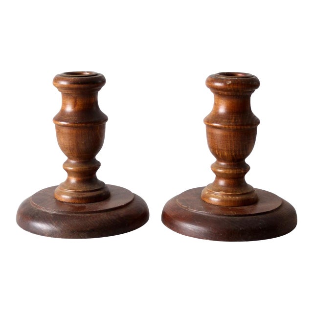 Vintage Wooden Candle Holders Pair For Sale