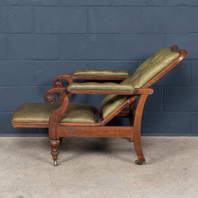 Brown Antique English Mahogany Reclining Armchair with Green Leather Upholstery, 19th Century For Sale - Image 8 of 18